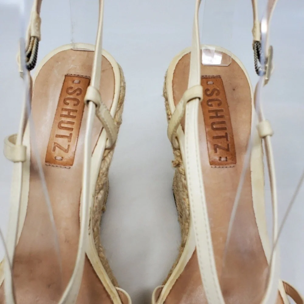 Schutz Gianne Size 8 Leather Espadrille Platform Wedge Cage Sandal Cream